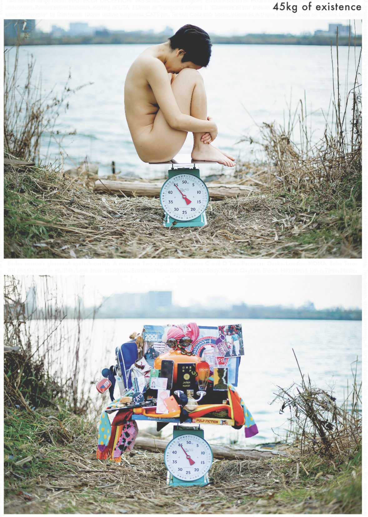 45kg of existence — the artist on a scale, and the same weight in personal objects